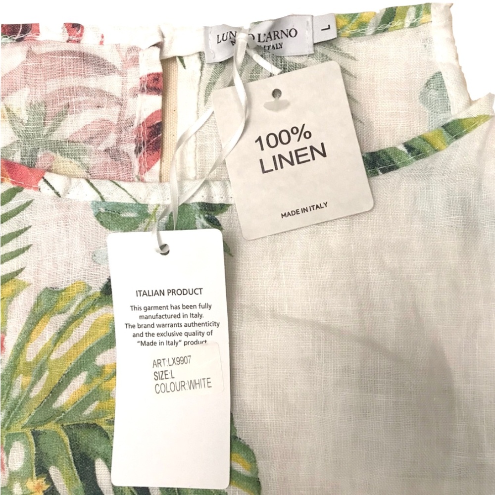 Lungo L'arno Linen Dress Womens Size Large White Floral Midi Coastal Beach - Picture 4 of 8